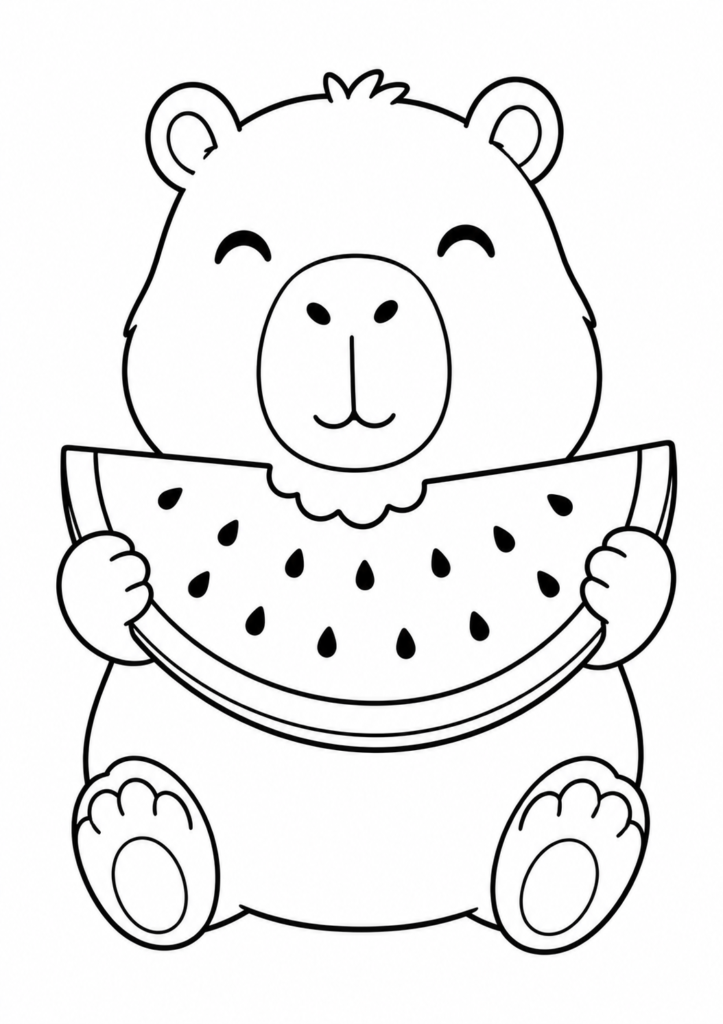 Capybara with watermelon coloring page for kids
