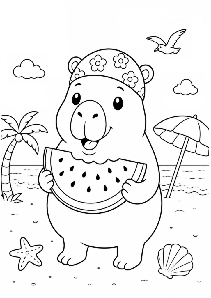 Cute capybara wearing a swim cap and holding a watermelon on the beach coloring page