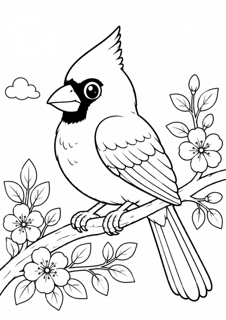 Cardinal bird coloring page sitting on a flowering branch