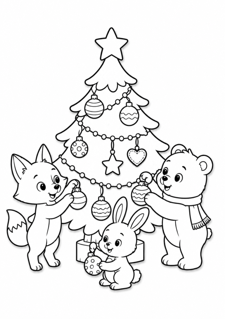Christmas tree decorated by forest animals coloring page