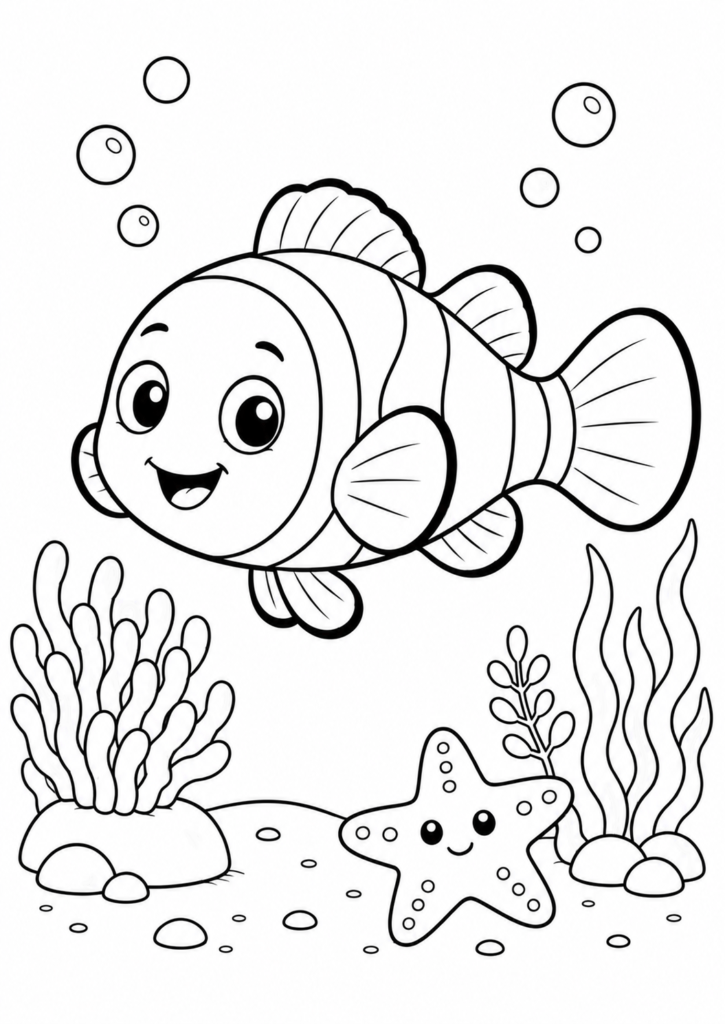 Cute clownfish swimming underwater coloring page