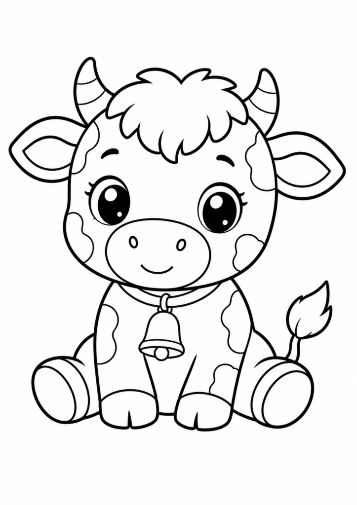 Cute cow sitting coloring page for kids