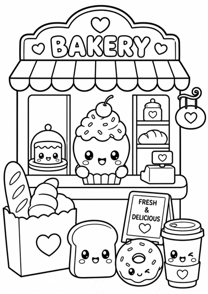 Cute bakery coloring page with kawaii cupcakes, bread, donut, and bakery shop