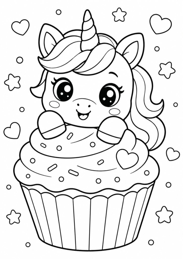 Cute cupcake unicorn coloring page for kids
