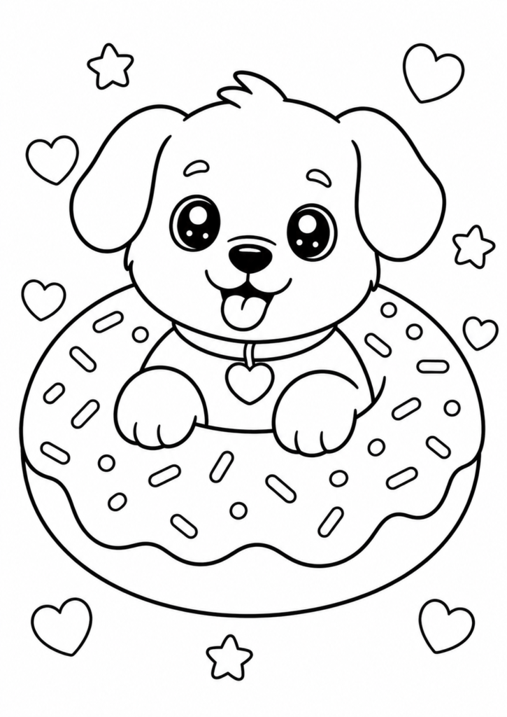 Cute donut puppy coloring page for kids