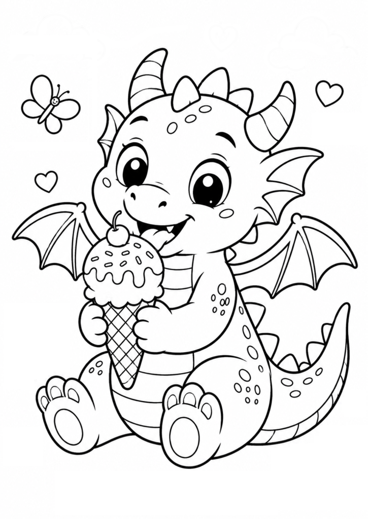 Cute Dragon Eating Ice Cream Coloring Page