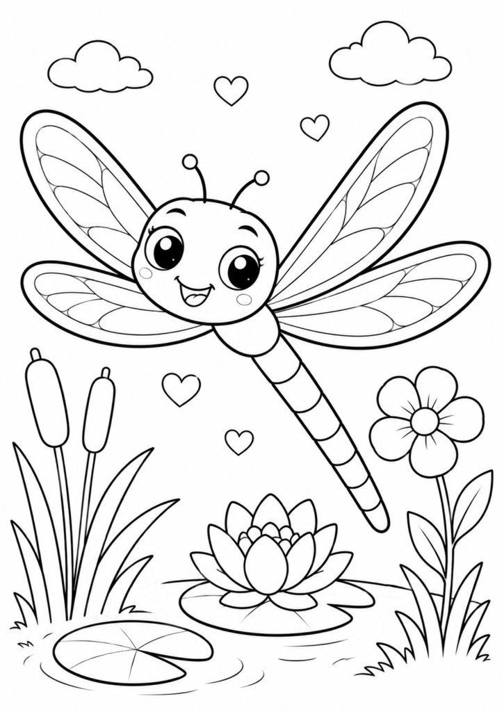 Cute dragonfly coloring page flying above a pond