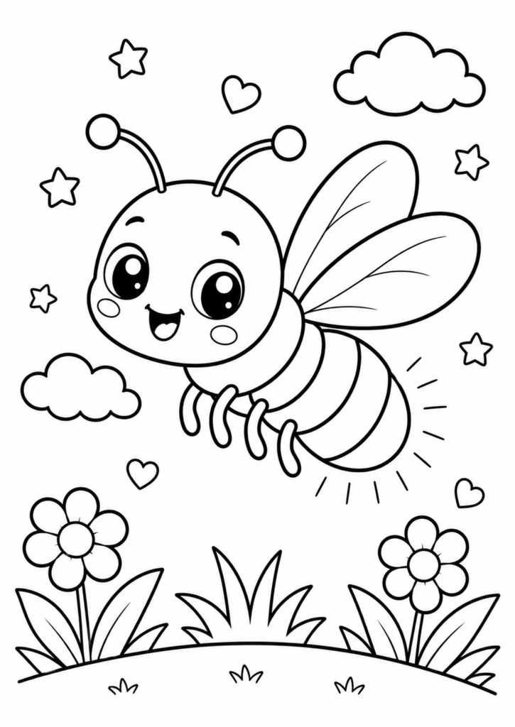 Cute firefly coloring page flying above a flower garden
