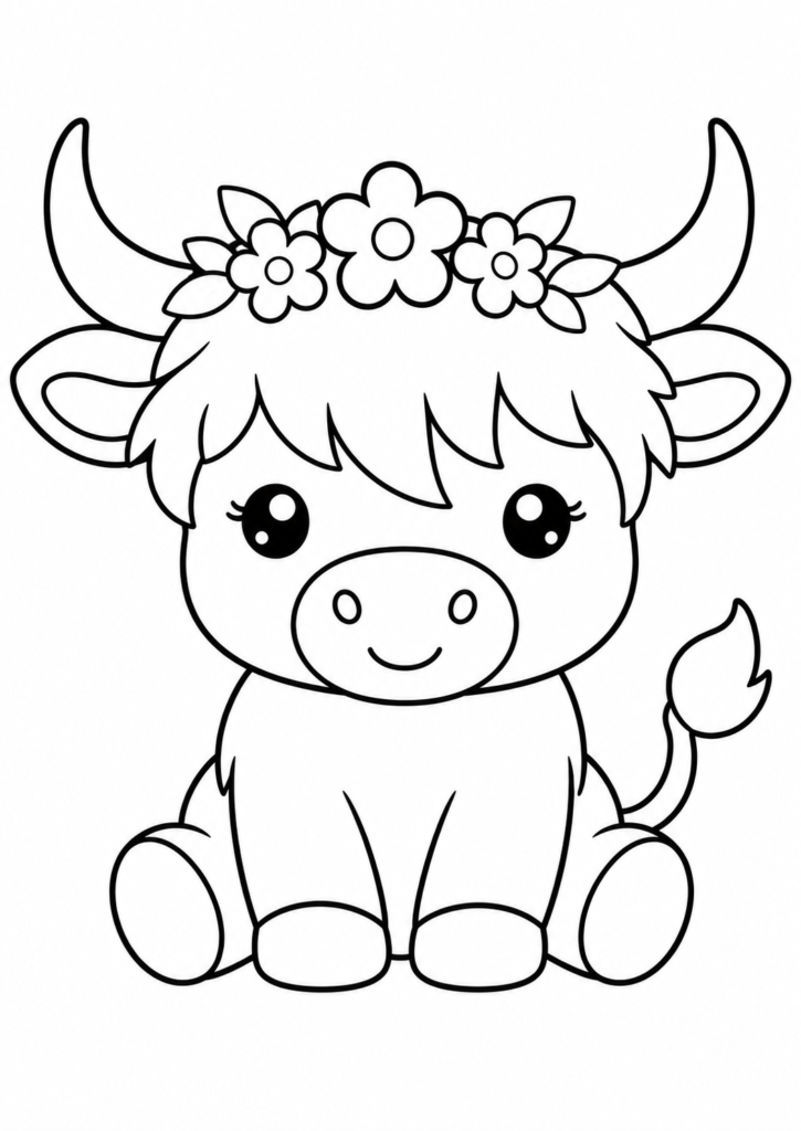 Cute Highland Cow coloring page printable for kids