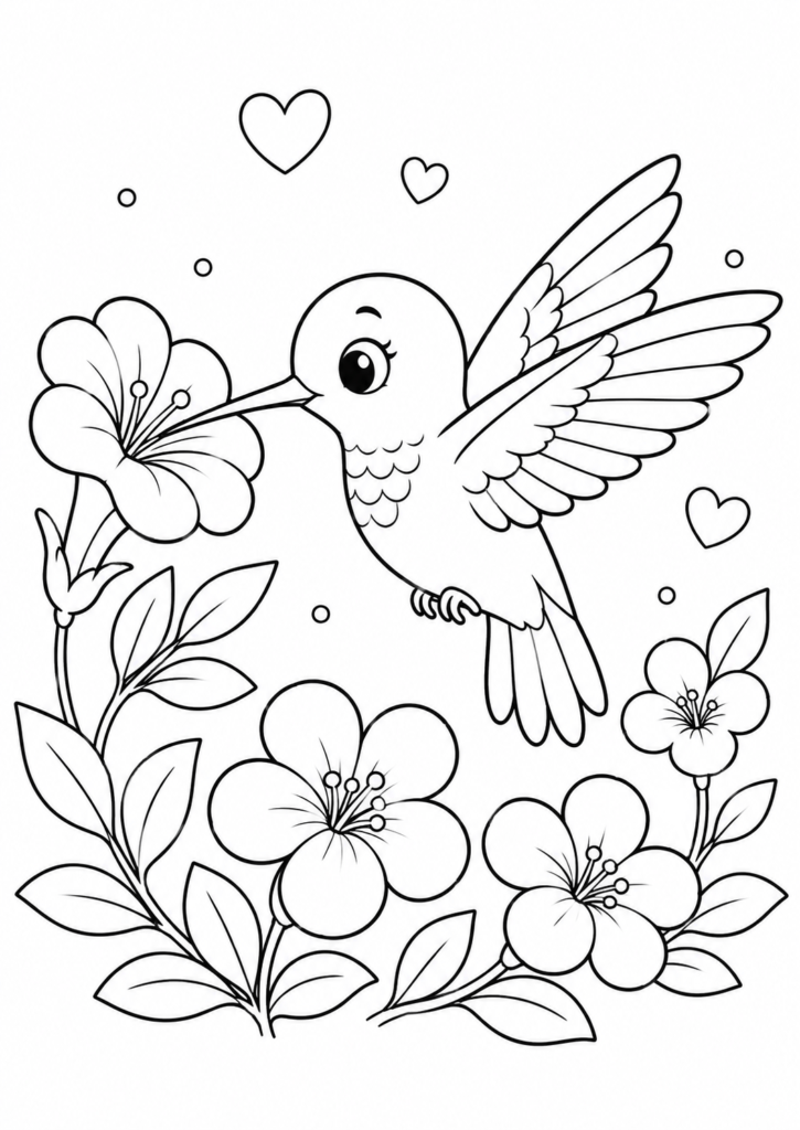 Cute hummingbird coloring page with flowers for kids