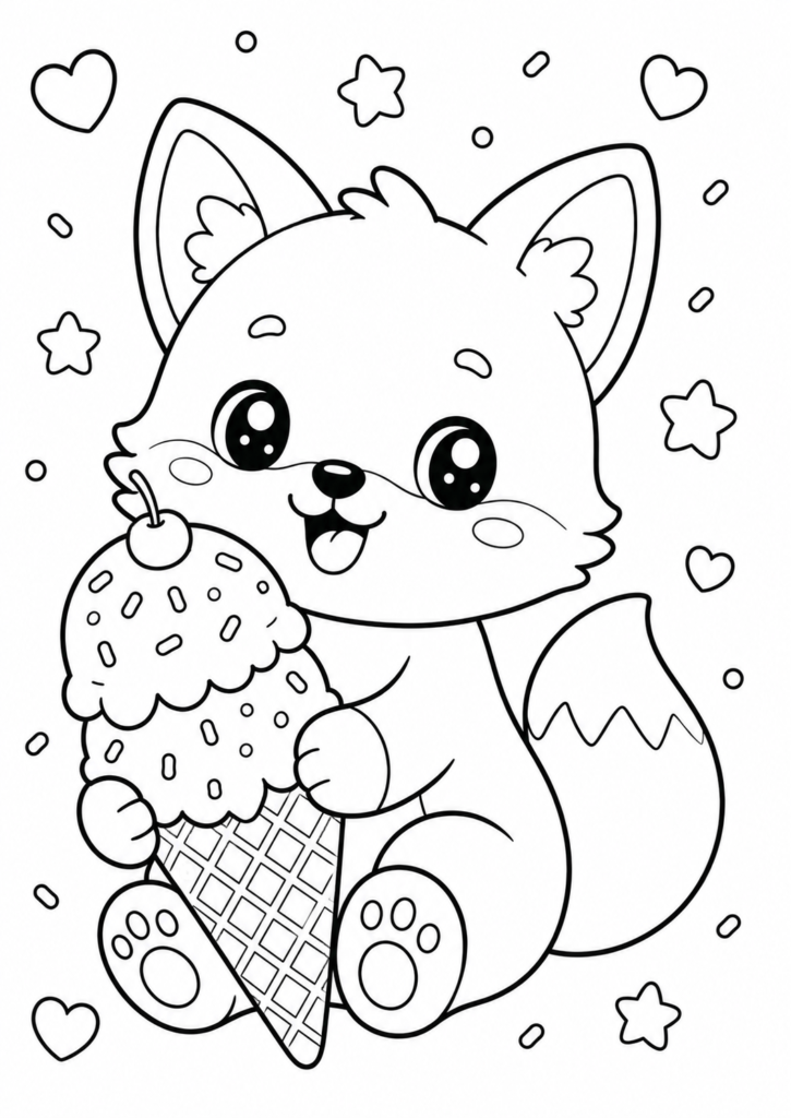 Cute ice cream fox coloring page for kids