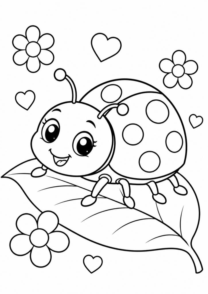Cute ladybug coloring page sitting on a leaf