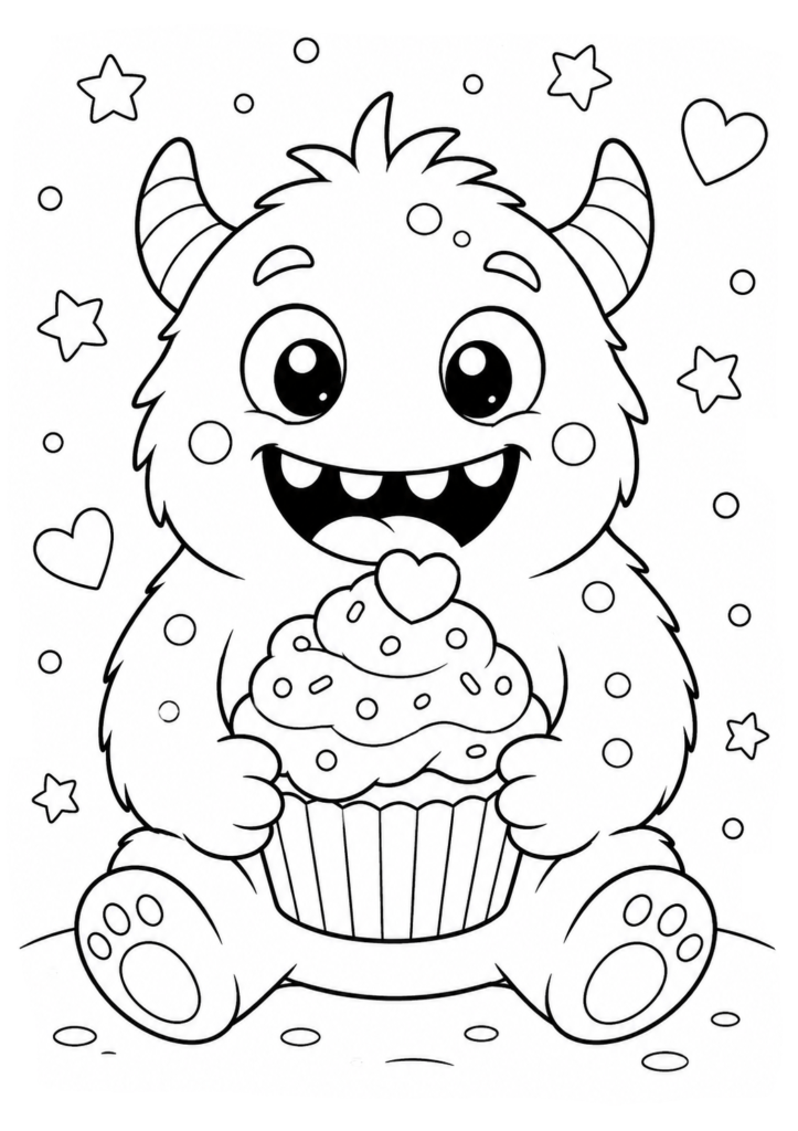 Cute monster with a cupcake coloring page for kids
