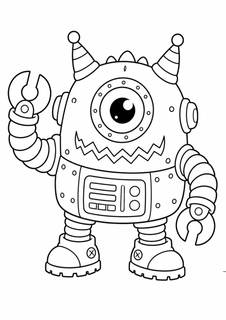 Cute one-eyed robot monster coloring page