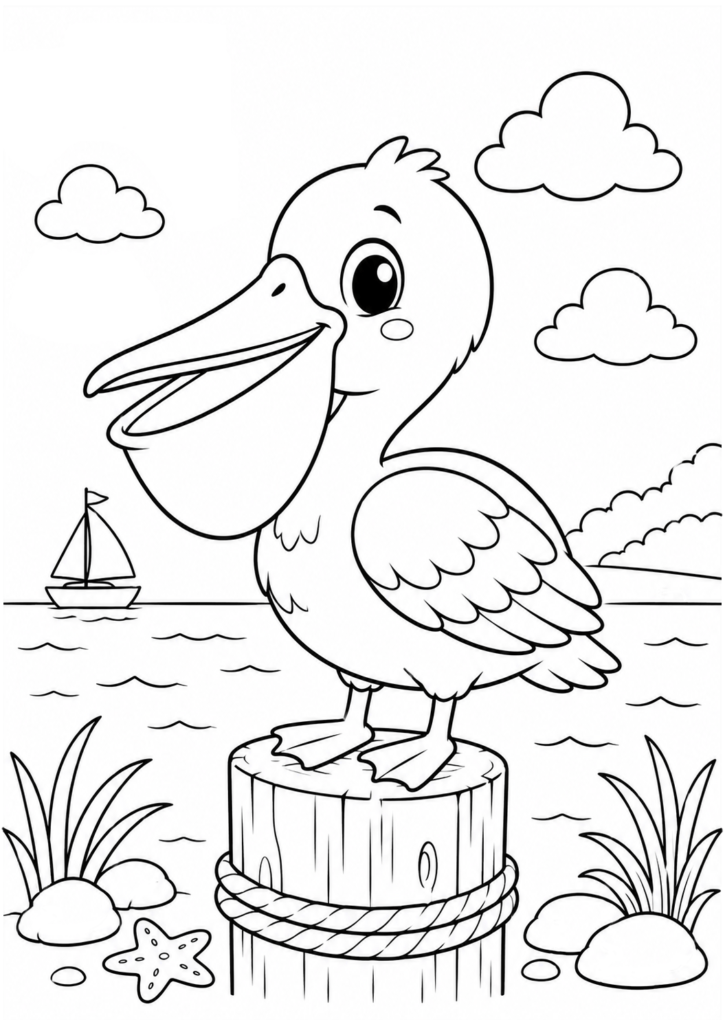 Cute pelican coloring page standing by the ocean