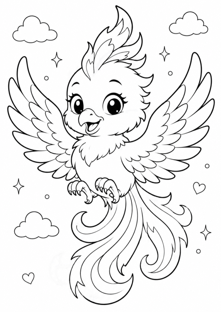 Cute phoenix flying coloring page