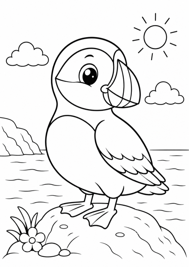 Cute puffin coloring page standing on a seaside rock