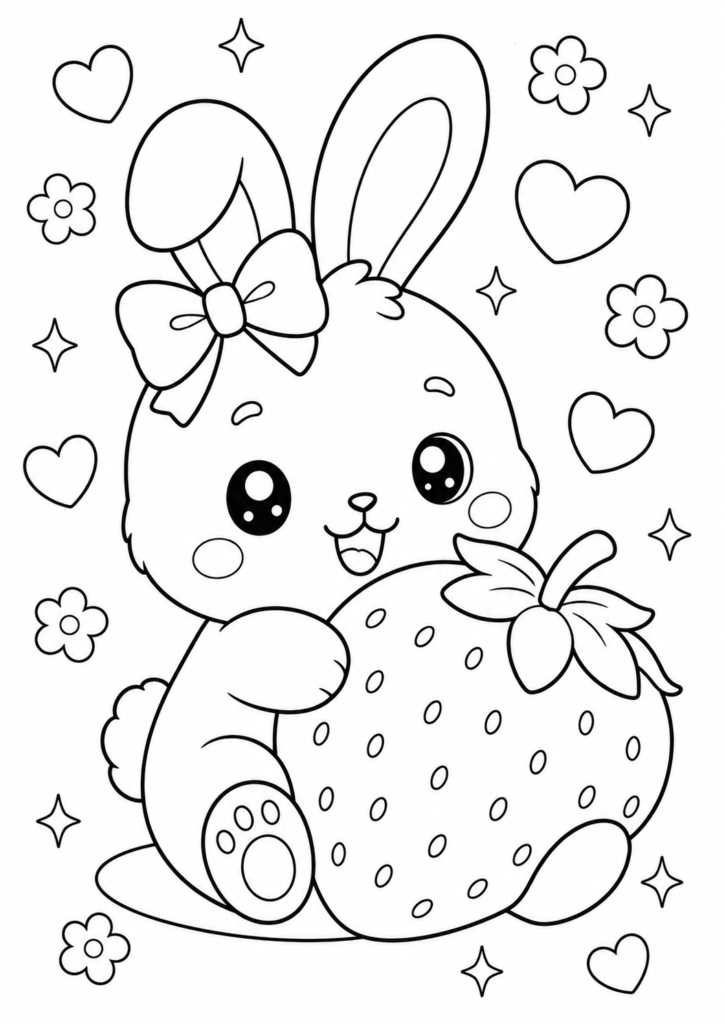 Cute strawberry bunny coloring page for kids