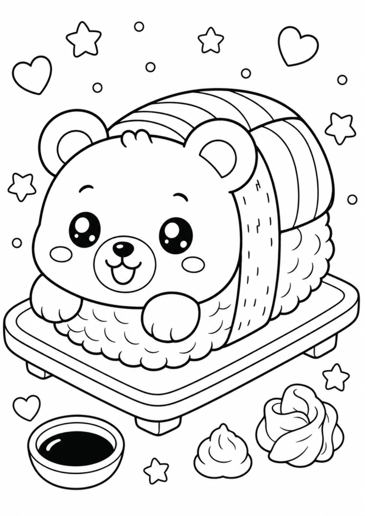 Cute sushi bear coloring page for kids