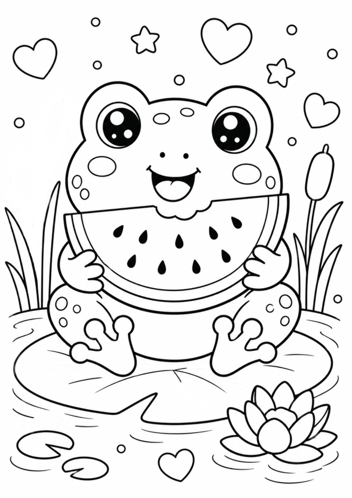 Cute watermelon frog coloring page for kids