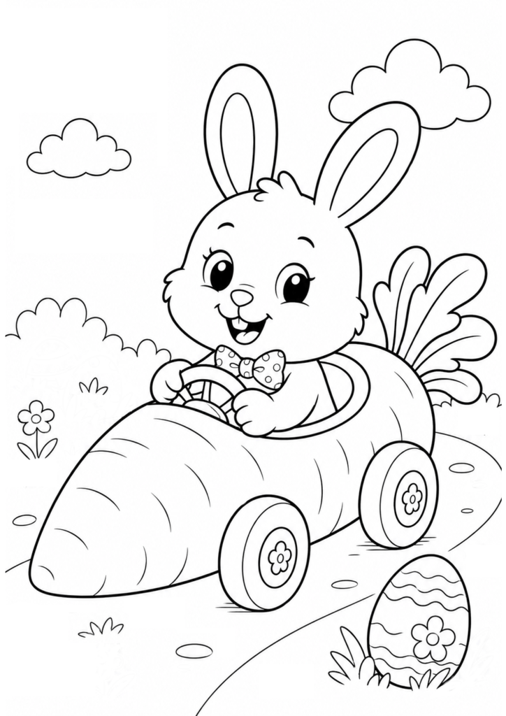 Easter bunny driving a carrot car coloring page