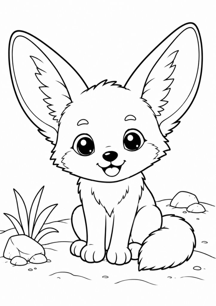 Cute fennec fox coloring page sitting in the desert
