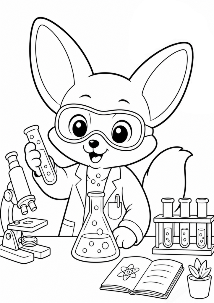 Cute fennec fox scientist coloring page with microscope and laboratory tools
