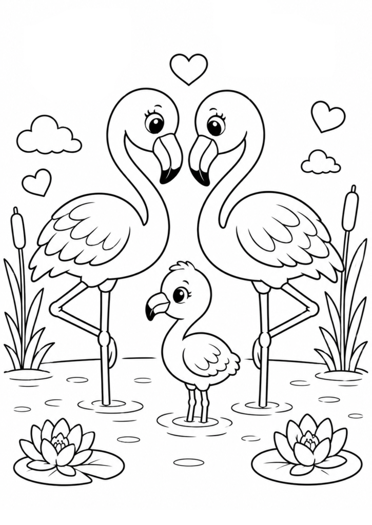 Cute flamingo family coloring page with baby flamingo