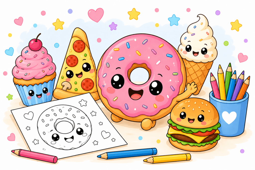Cute Food Coloring Pages with smiling donut, pizza, cupcake, ice cream and burger for kids
