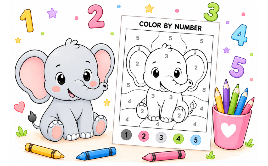 Cute elephant color by number worksheet with printable coloring page for kids