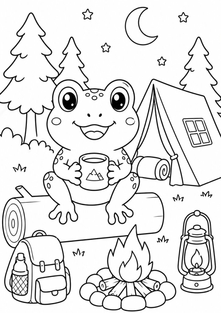 Cute frog camping by a campfire coloring page