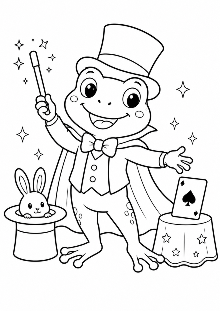 Cute frog magician performing a magic trick with a wand and rabbit coloring page