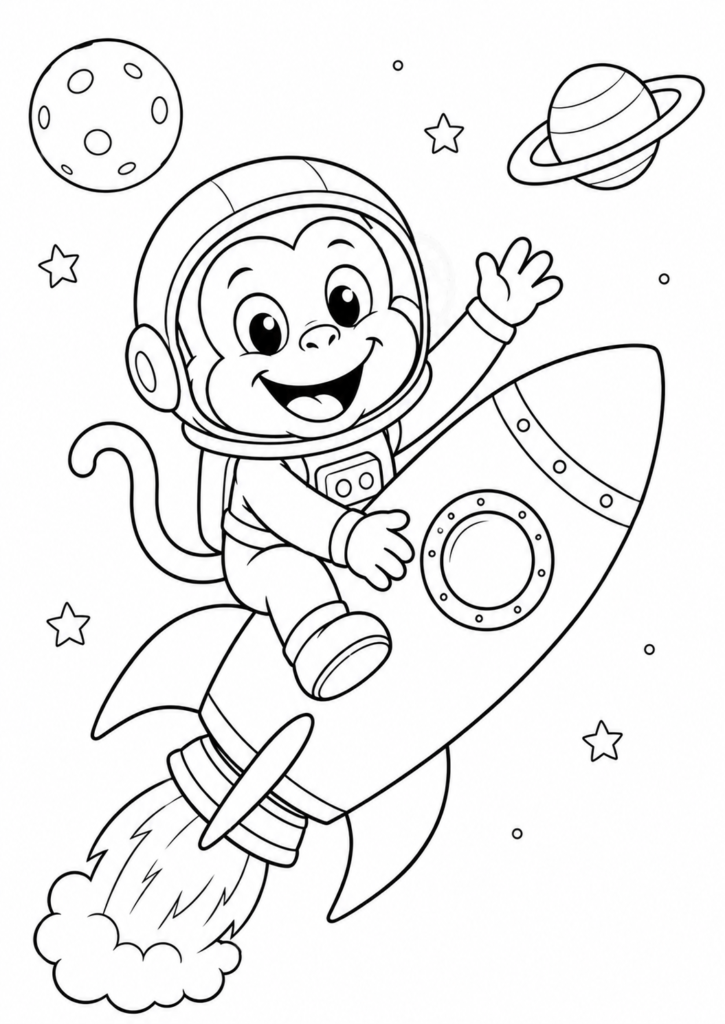 Funny monkey astronaut riding a rocket in space coloring page