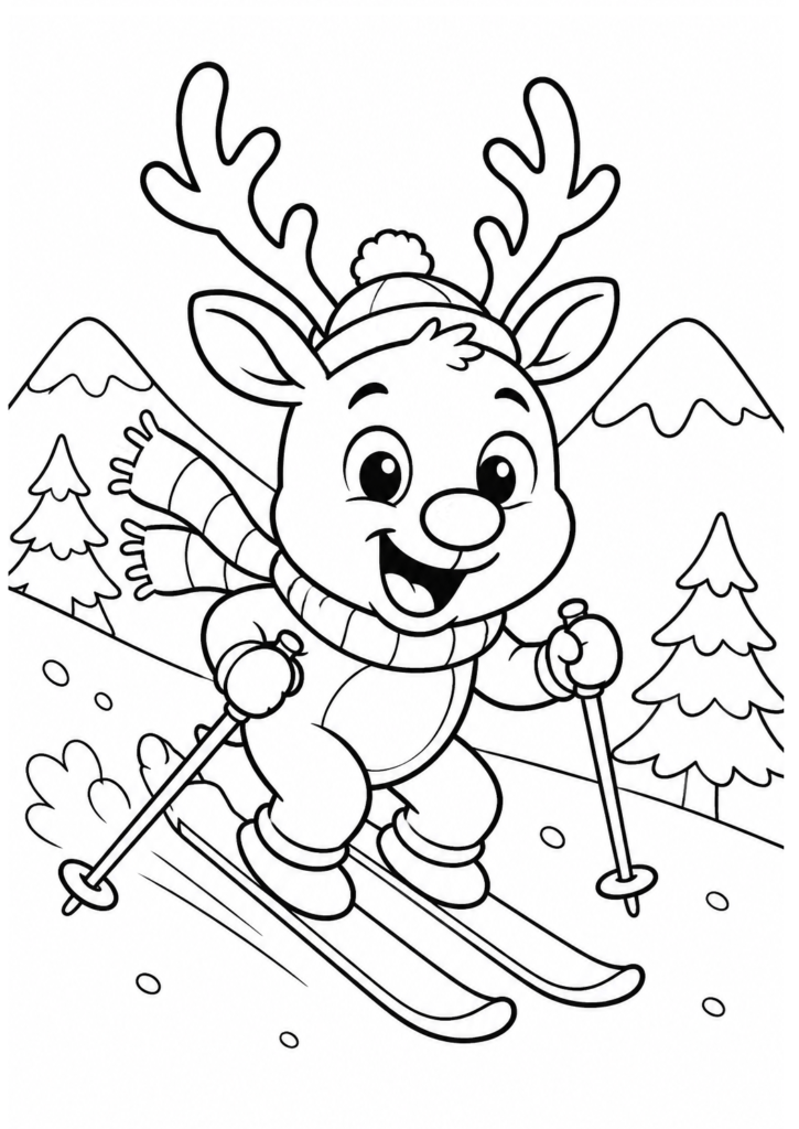 Funny reindeer skiing coloring page for kids