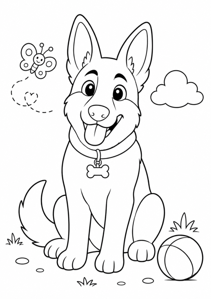 Cute German Shepherd puppy with a ball coloring page