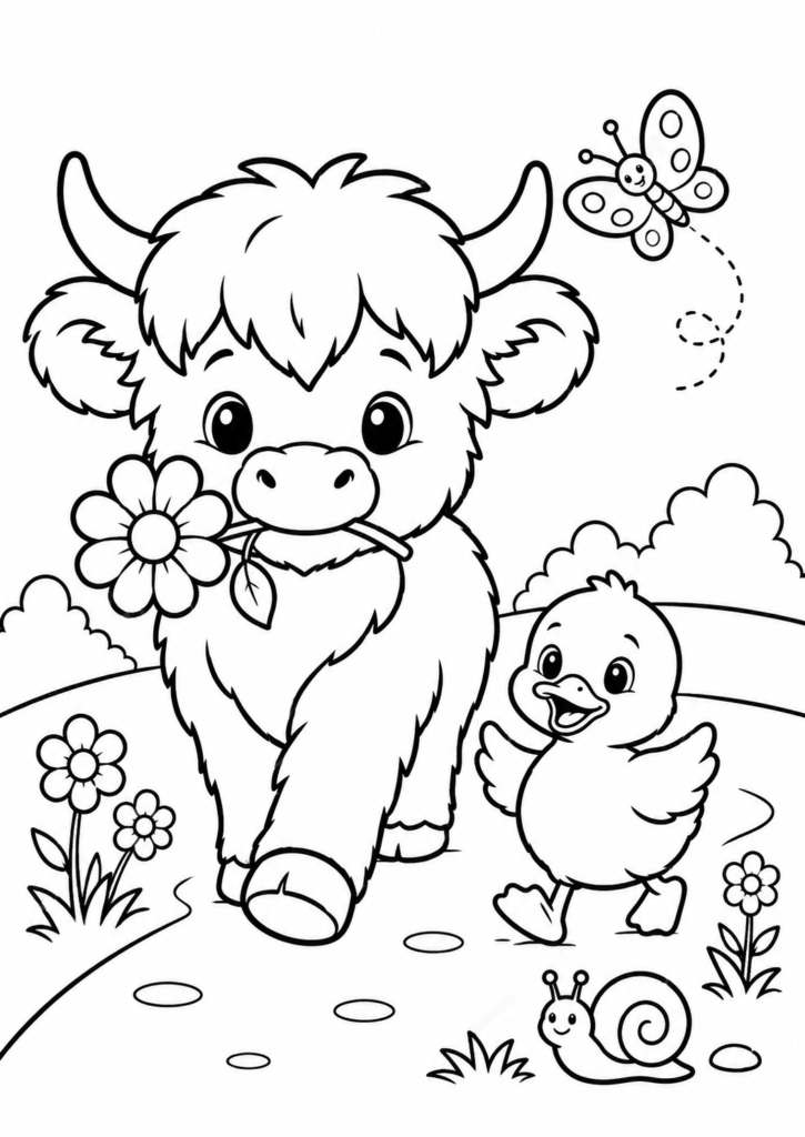 Cute Highland cow and duckling walking together coloring page