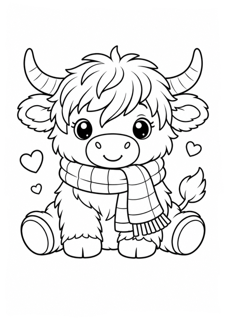 Highland cow wearing scarf coloring page for kids