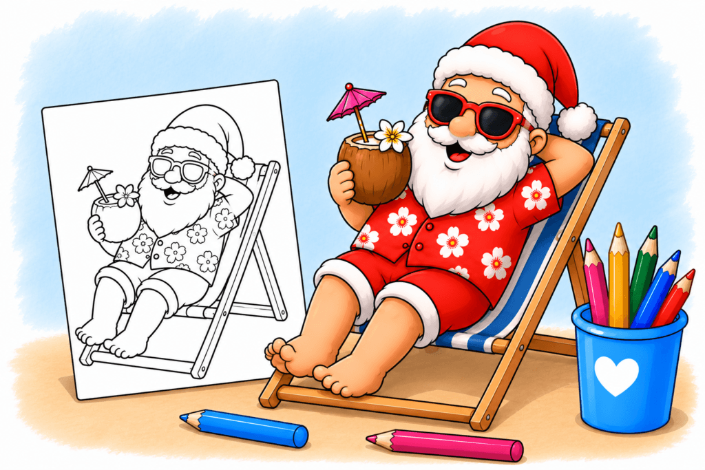 Santa Claus relaxing on a blue striped beach chair with a coconut drink next to a matching holiday coloring page and colored pencils