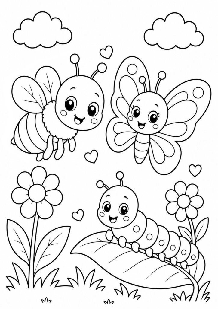 Cute insect friends coloring page with a bee, butterfly, and caterpillar