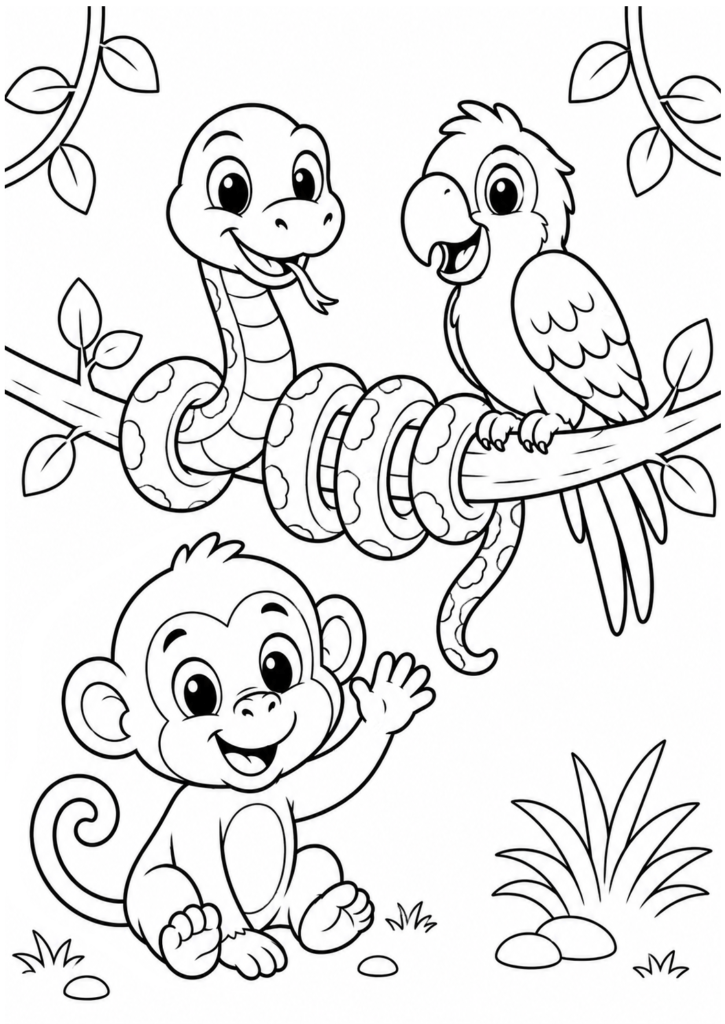 Cute jungle animal friends coloring page with monkey parrot and snake