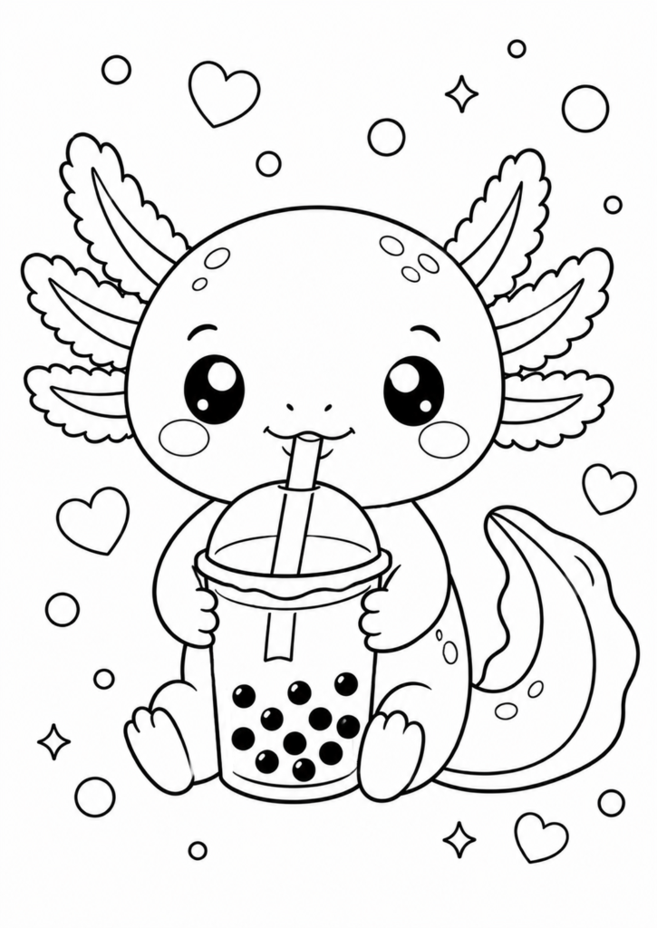 Kawaii axolotl drinking bubble tea coloring page for kids