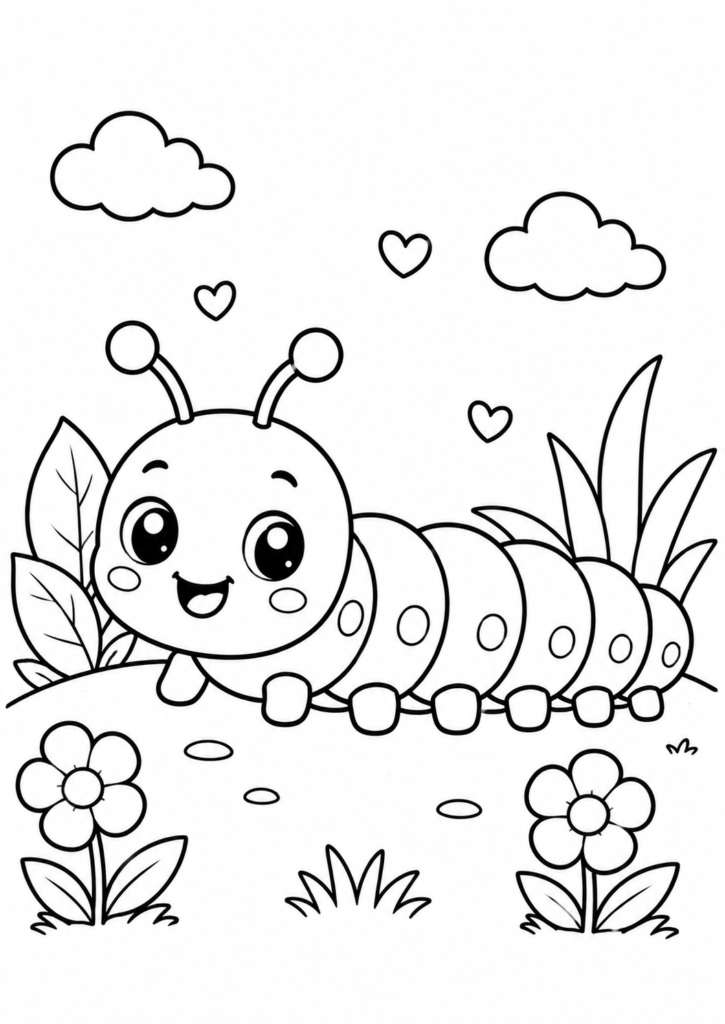 Kawaii caterpillar coloring page with a cute smiling caterpillar