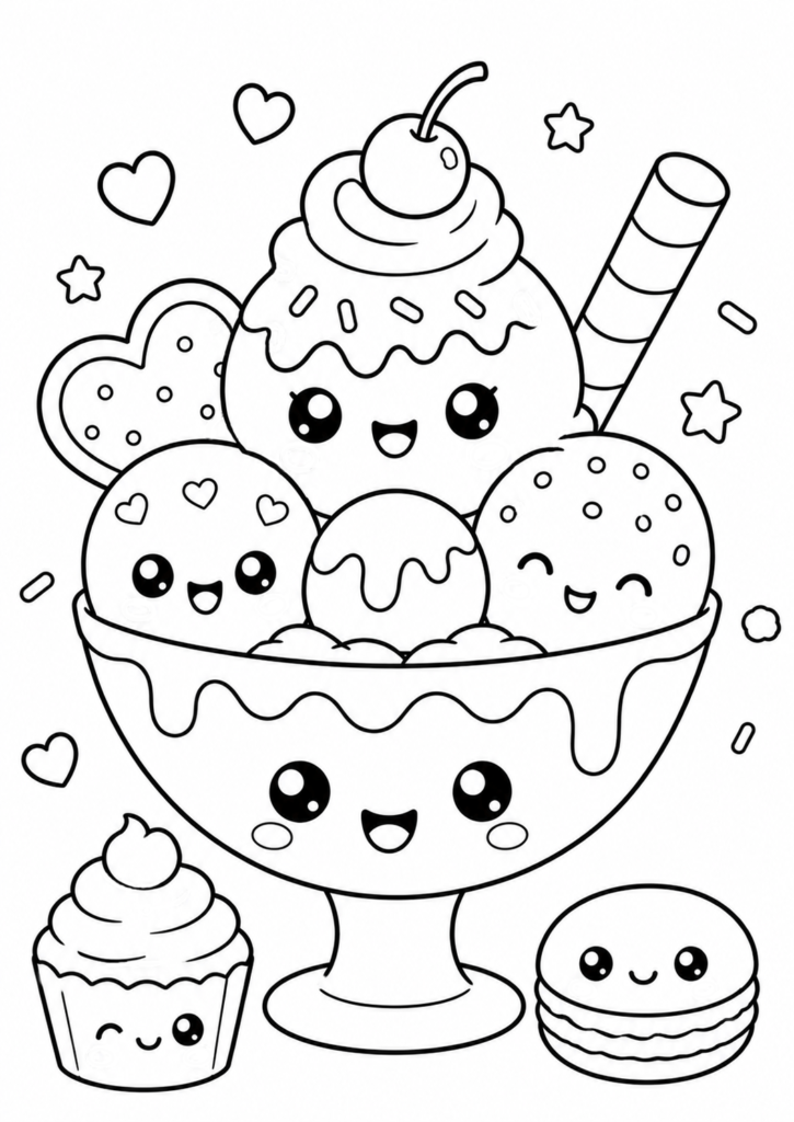 Cute kawaii dessert coloring page with ice cream sundae, cupcake, and macaron