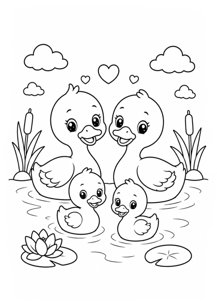 Kawaii duck family coloring page with cute ducklings