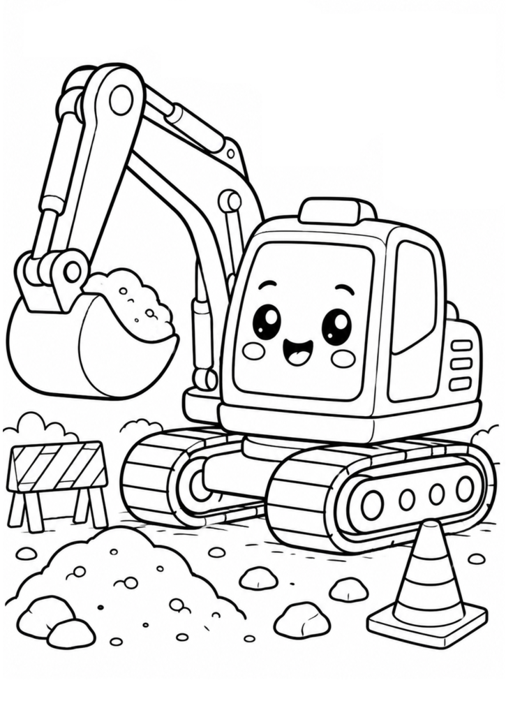 Kawaii excavator coloring page printable for kids