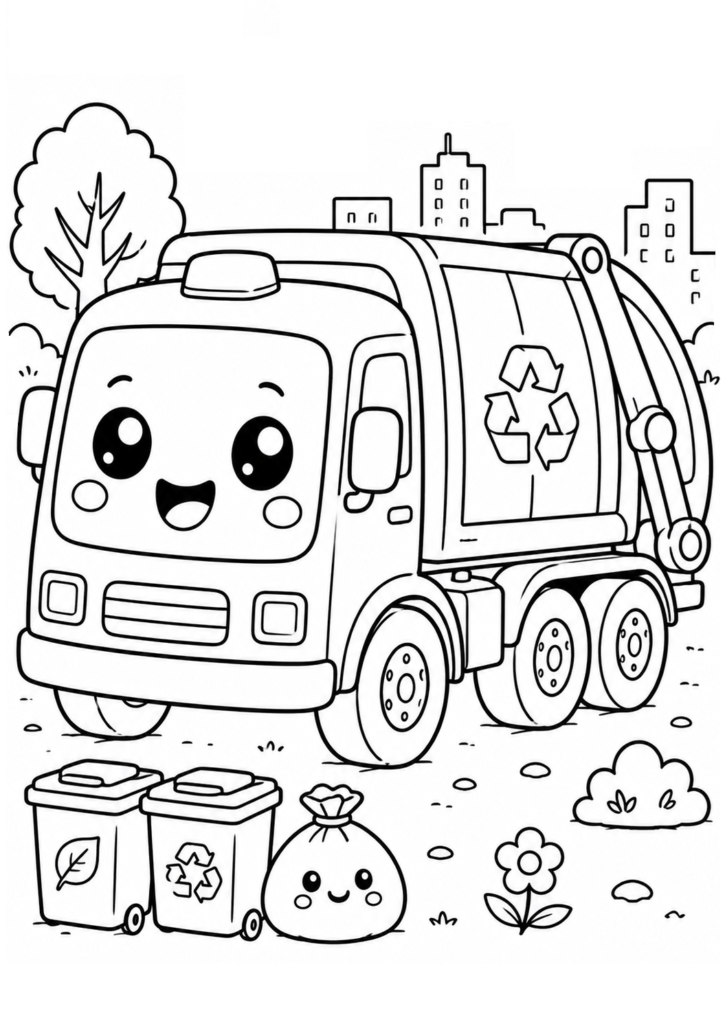 Kawaii garbage truck coloring page for kids