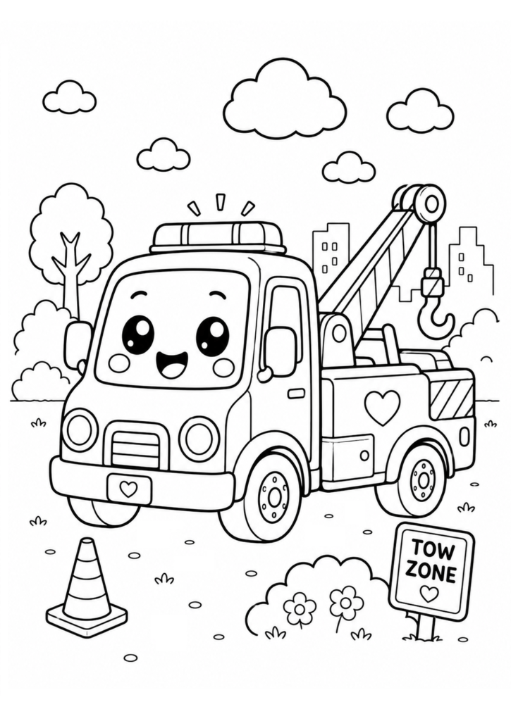 Kawaii tow truck coloring page for kids