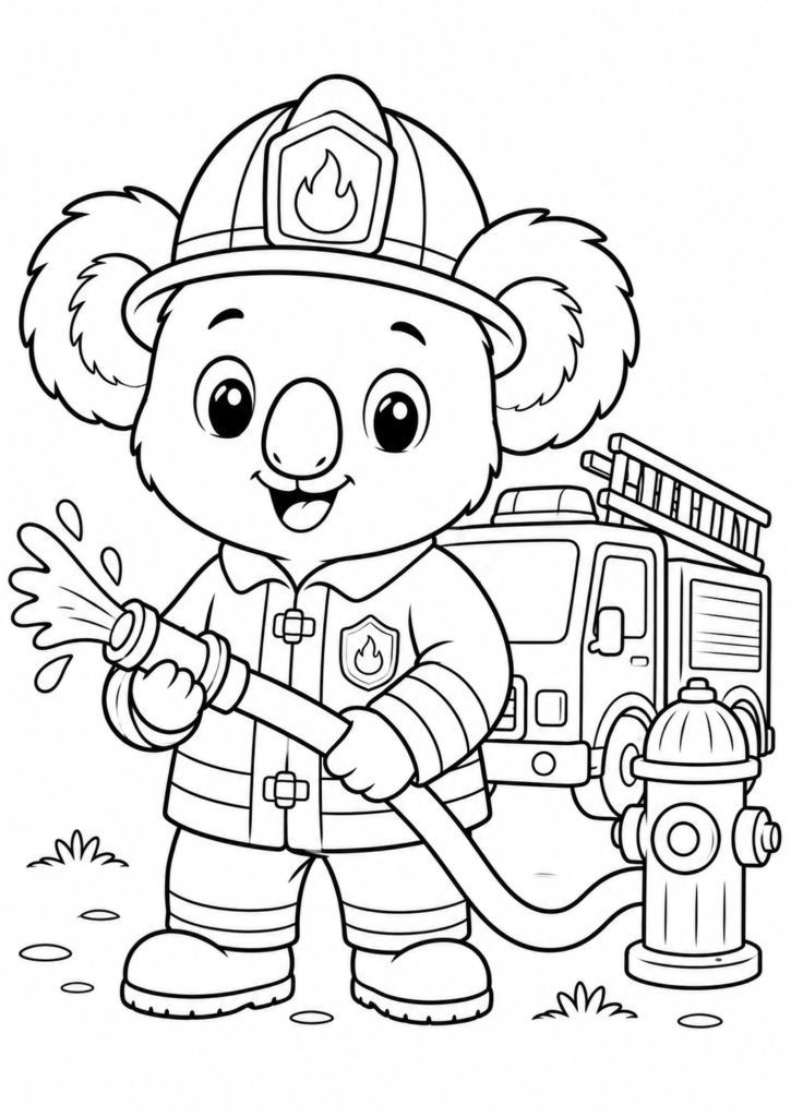 Cute koala firefighter holding a fire hose in front of a fire truck coloring page