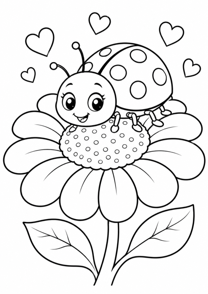 Cute ladybug on flower coloring page for kids