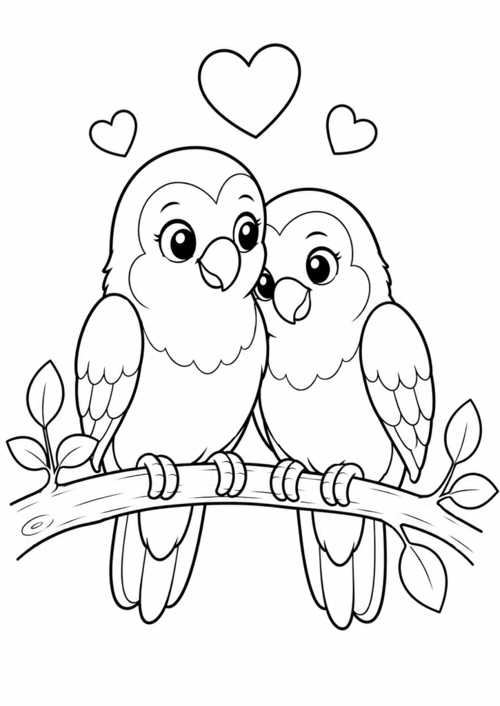 Cute lovebirds coloring page sitting together on a branch